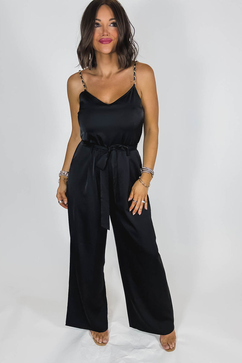 Black Satin Gold Chain Strap Smocked Front Tie Jumpsuit