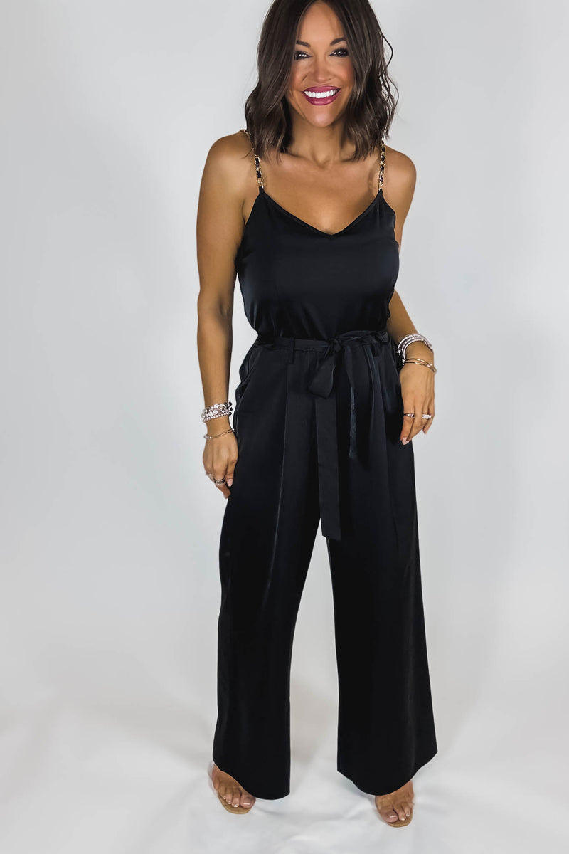 Black Satin Gold Chain Strap Smocked Front Tie Jumpsuit