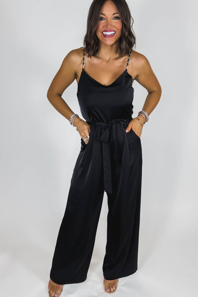 Black Satin Gold Chain Strap Smocked Front Tie Jumpsuit