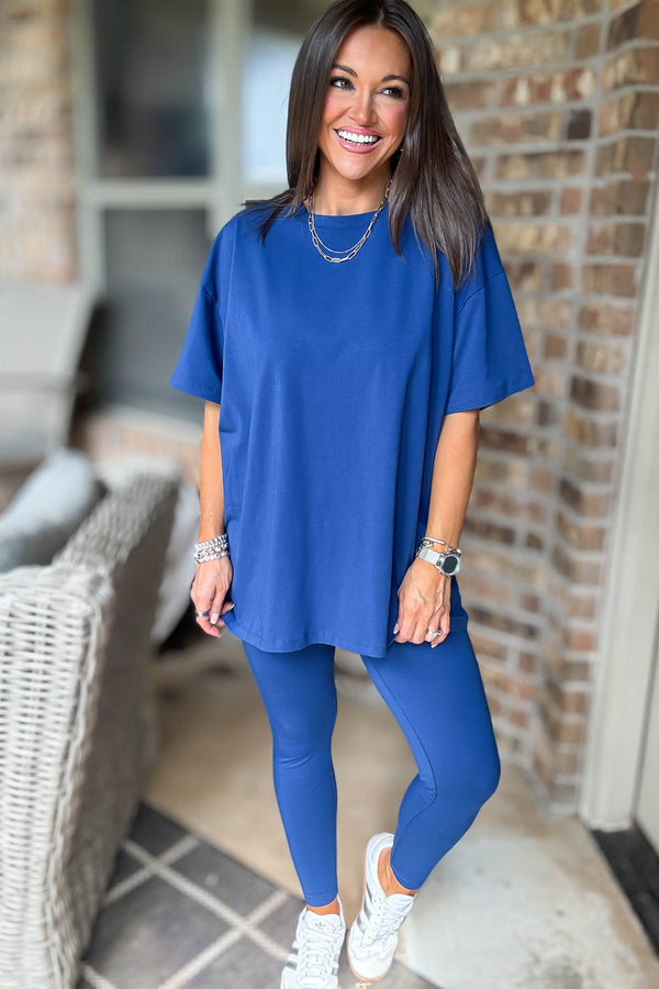 Light Navy Cotton Round Neck Top & Legging Set