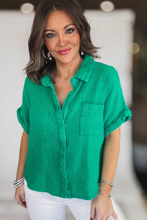 WASHED DOUBLE GAUZE BUTTON SHIRT BLOUSE TOP
