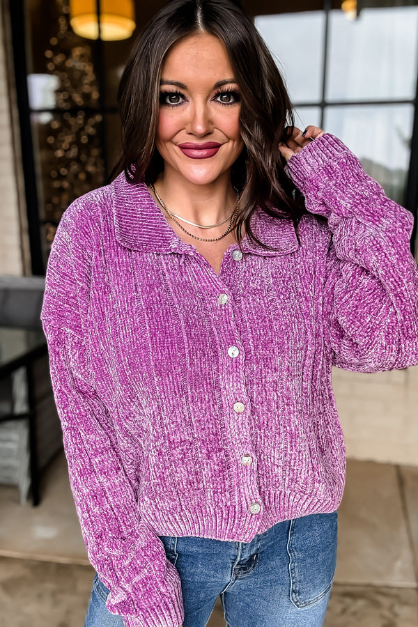 Dreams And Aspirations Plum Chenille Button Up Sweater