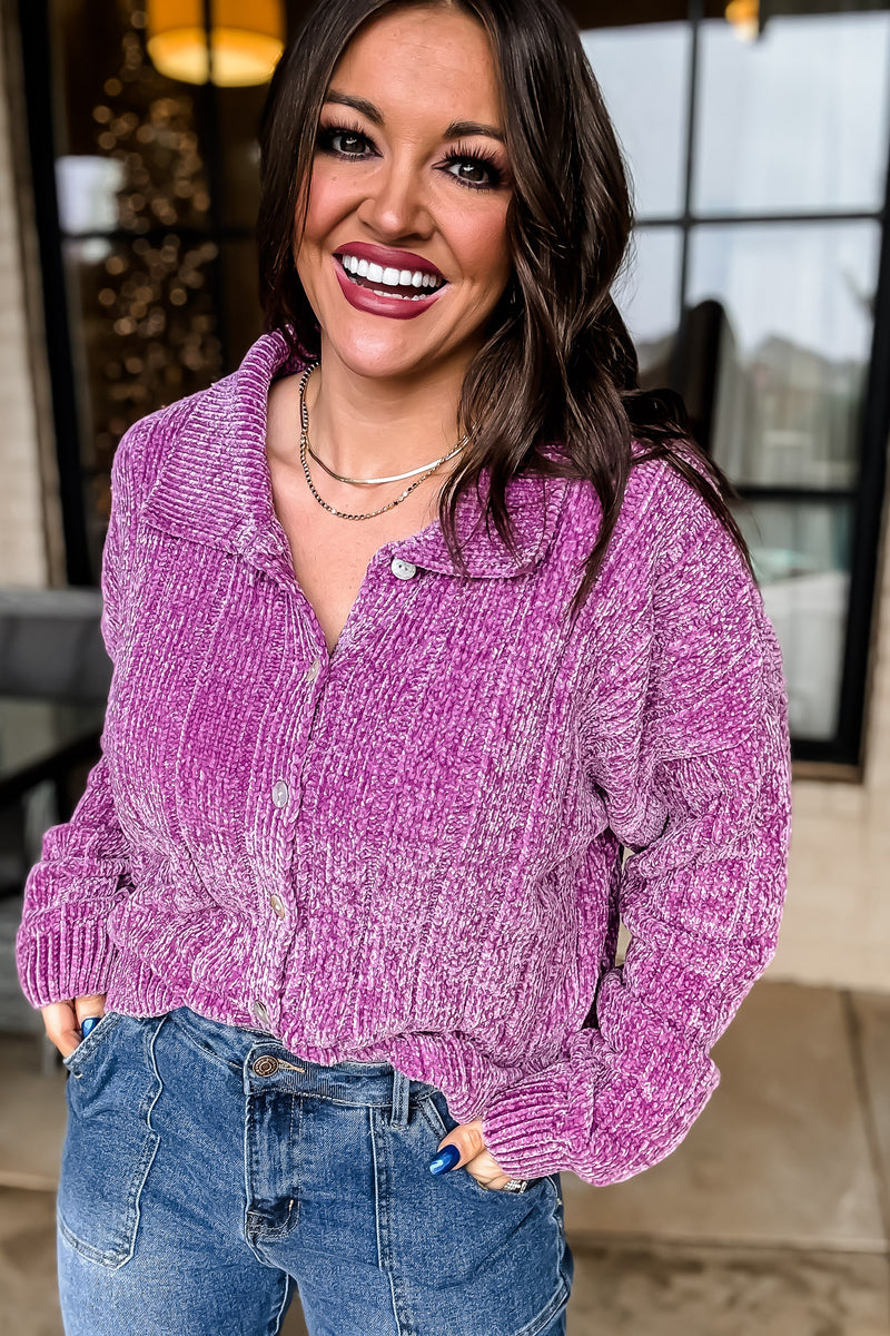 Dreams And Aspirations Plum Chenille Button Up Sweater