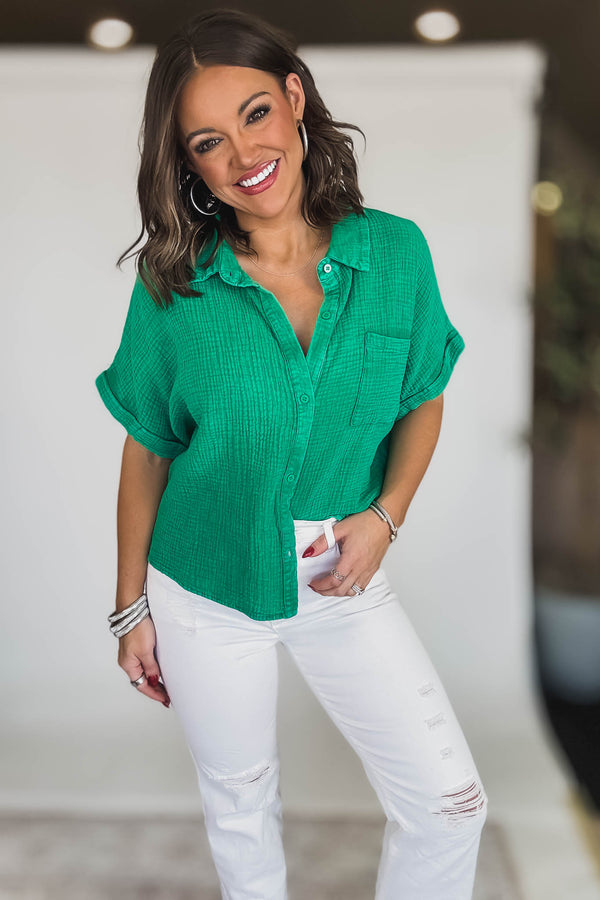 WASHED DOUBLE GAUZE BUTTON SHIRT BLOUSE TOP