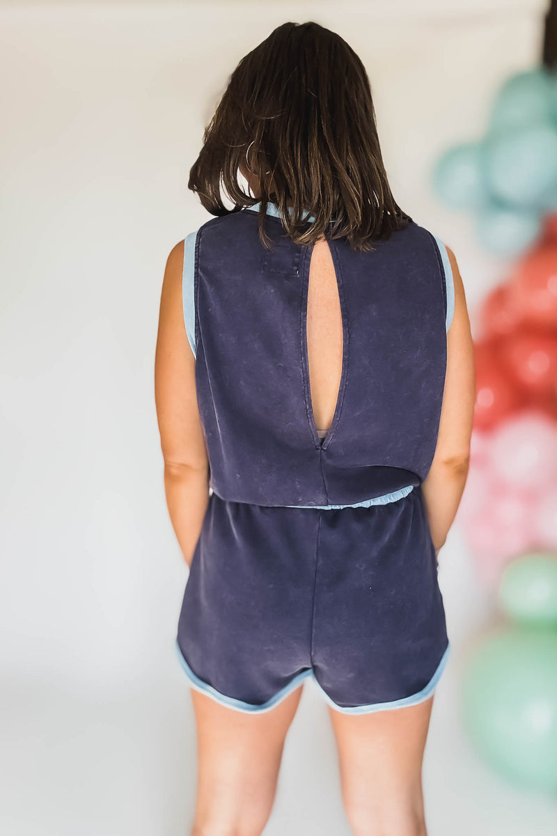 Navy Mineral Wash Sleeveless Romper