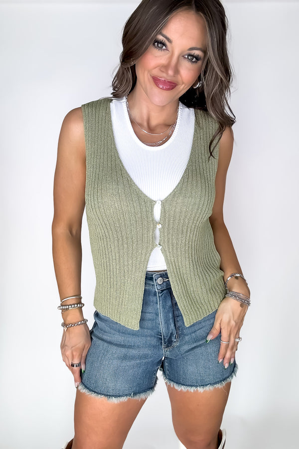 Over The Top Olive Open Ribbed Knit Button Down Vest