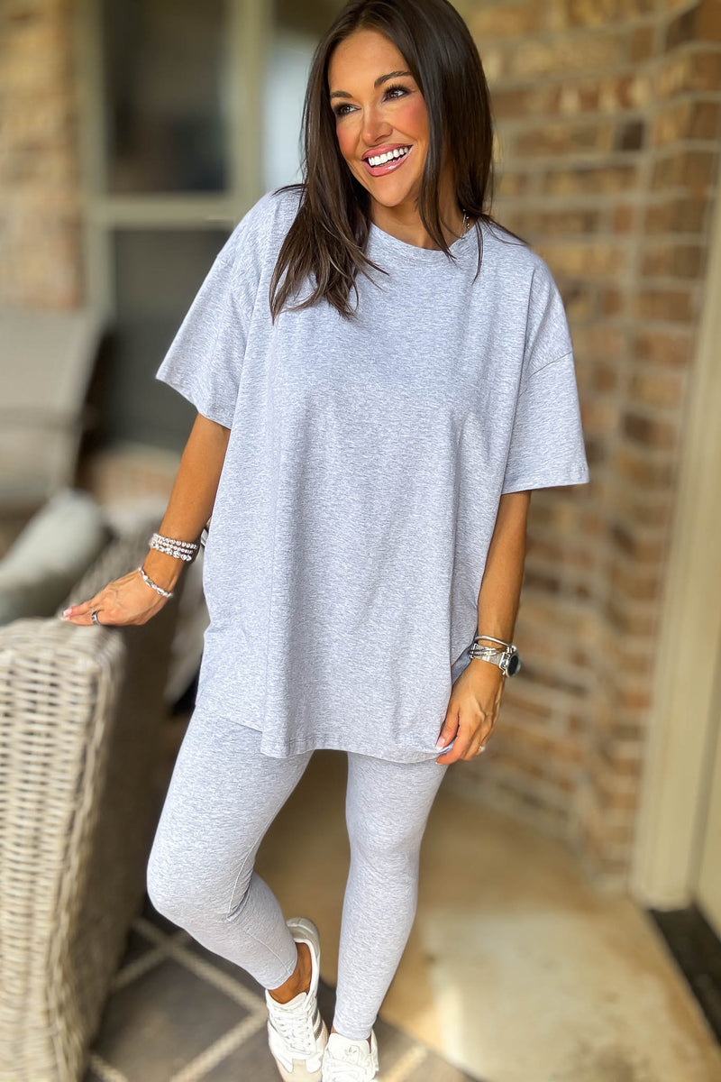 Heather Grey Cotton Round Neck Top & Legging Set