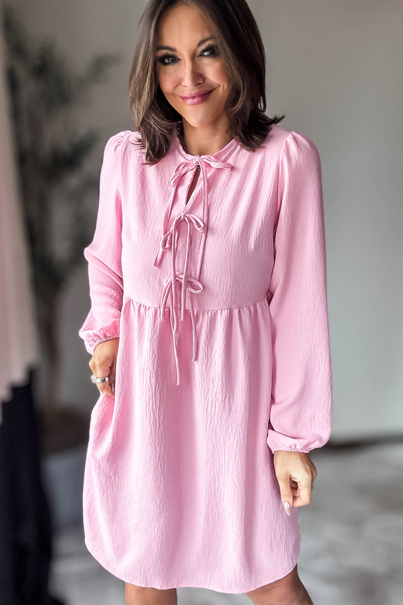Pink Solid Front Tie Baby Doll Dress