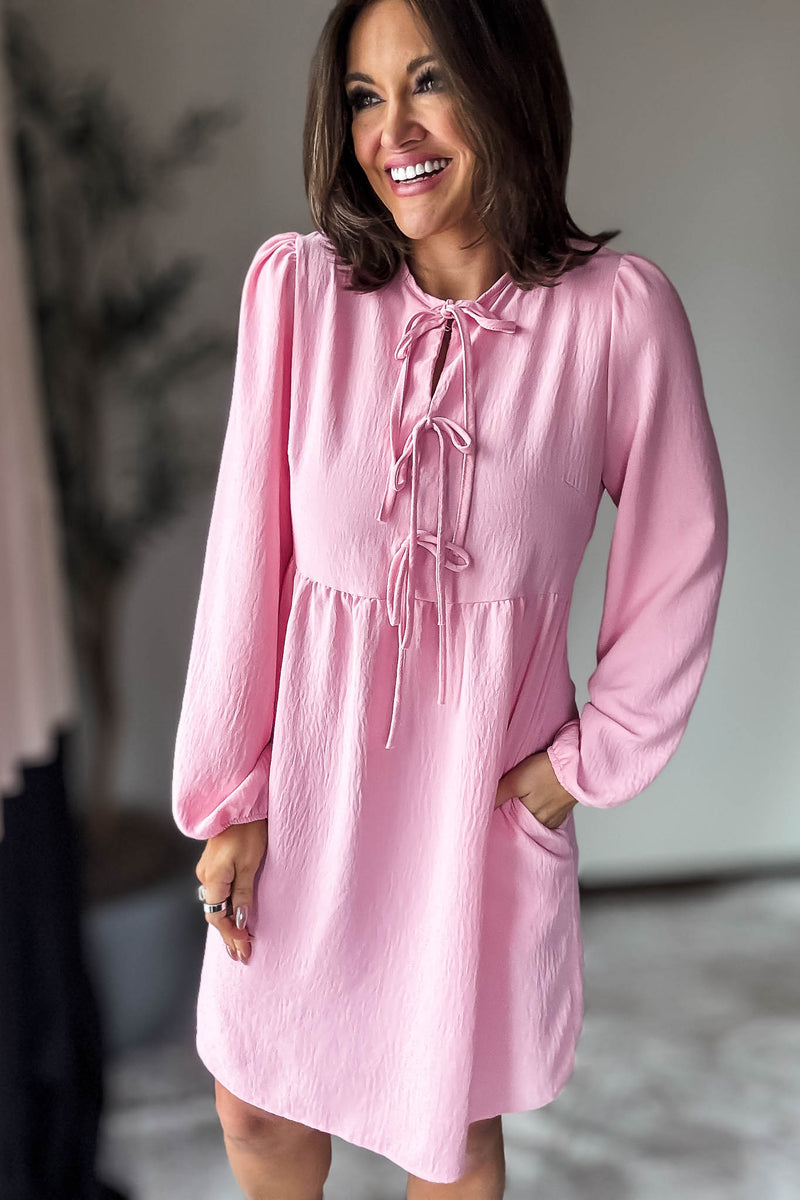 Pink Solid Front Tie Baby Doll Dress