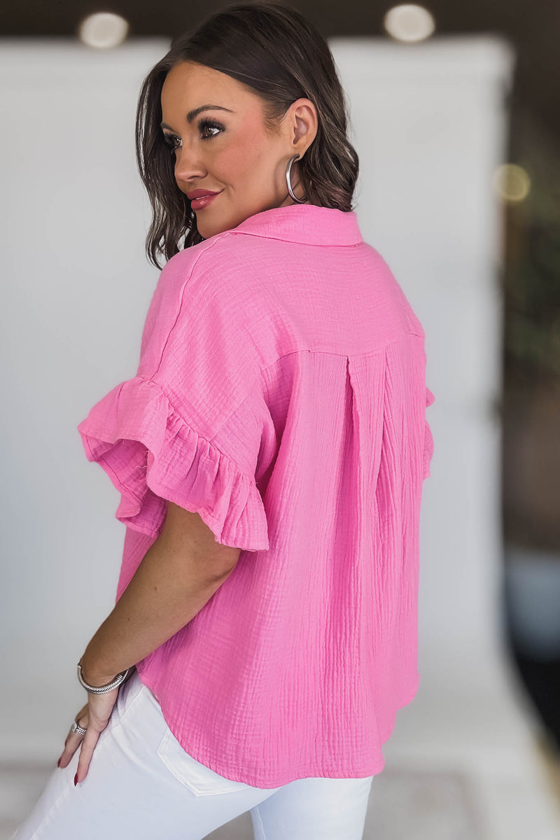 SOLID RUFFLE SLEEVE COLLARED V NECK LOOSE FIT TOP