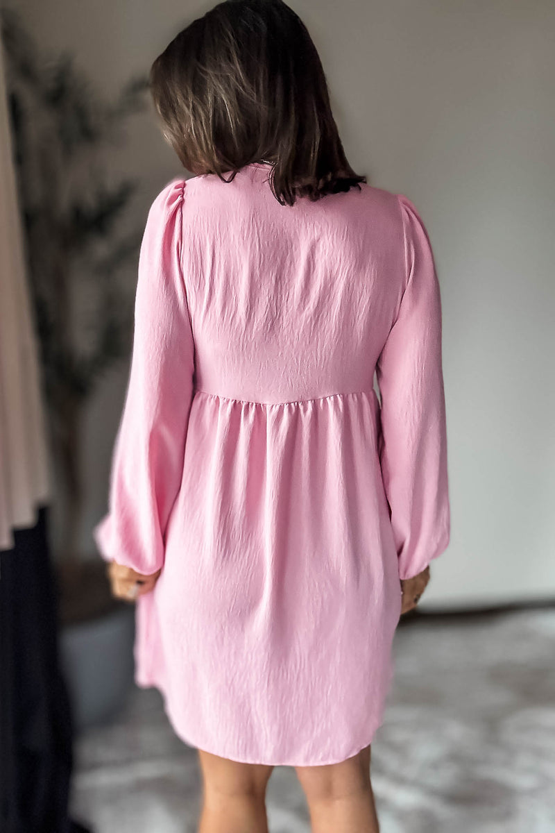Pink Solid Front Tie Baby Doll Dress