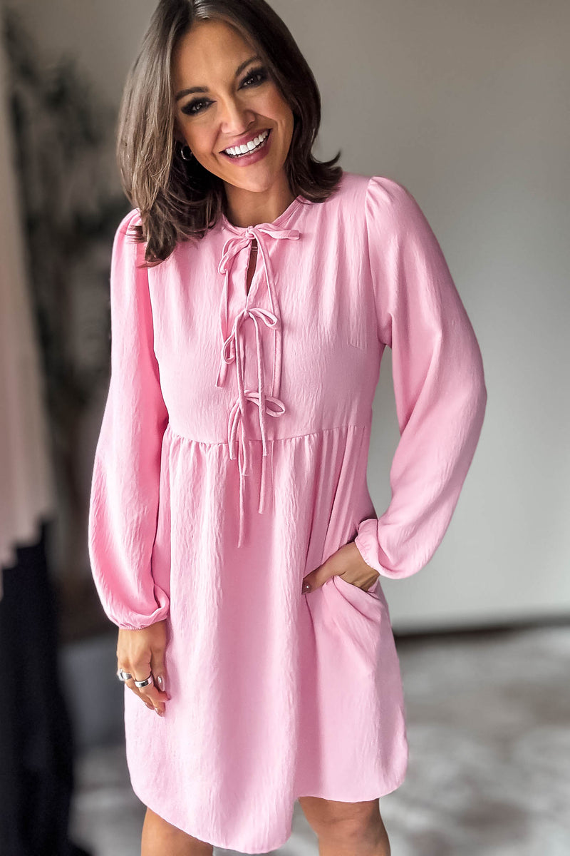Pink Solid Front Tie Baby Doll Dress