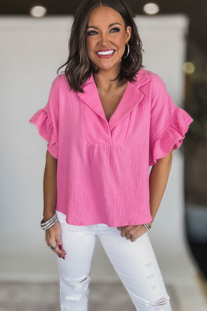 SOLID RUFFLE SLEEVE COLLARED V NECK LOOSE FIT TOP