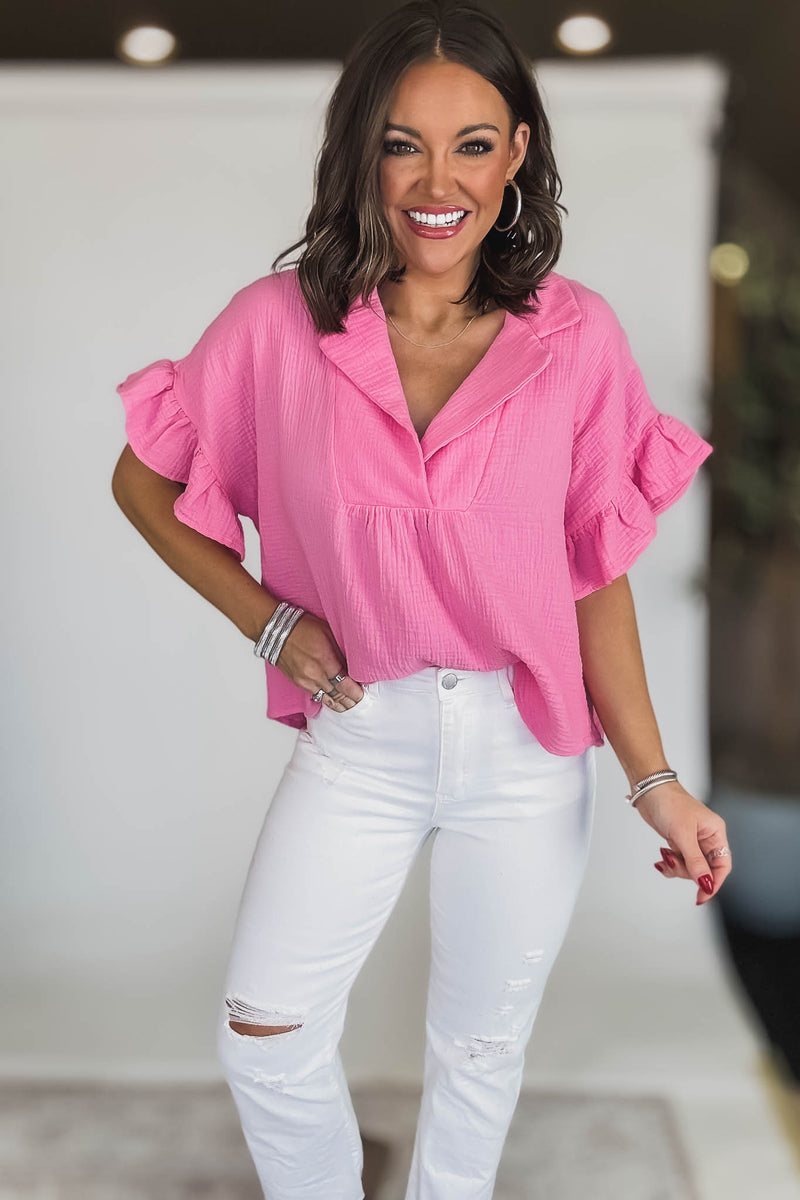 SOLID RUFFLE SLEEVE COLLARED V NECK LOOSE FIT TOP