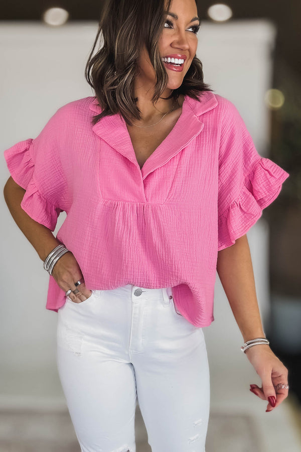 SOLID RUFFLE SLEEVE COLLARED V NECK LOOSE FIT TOP