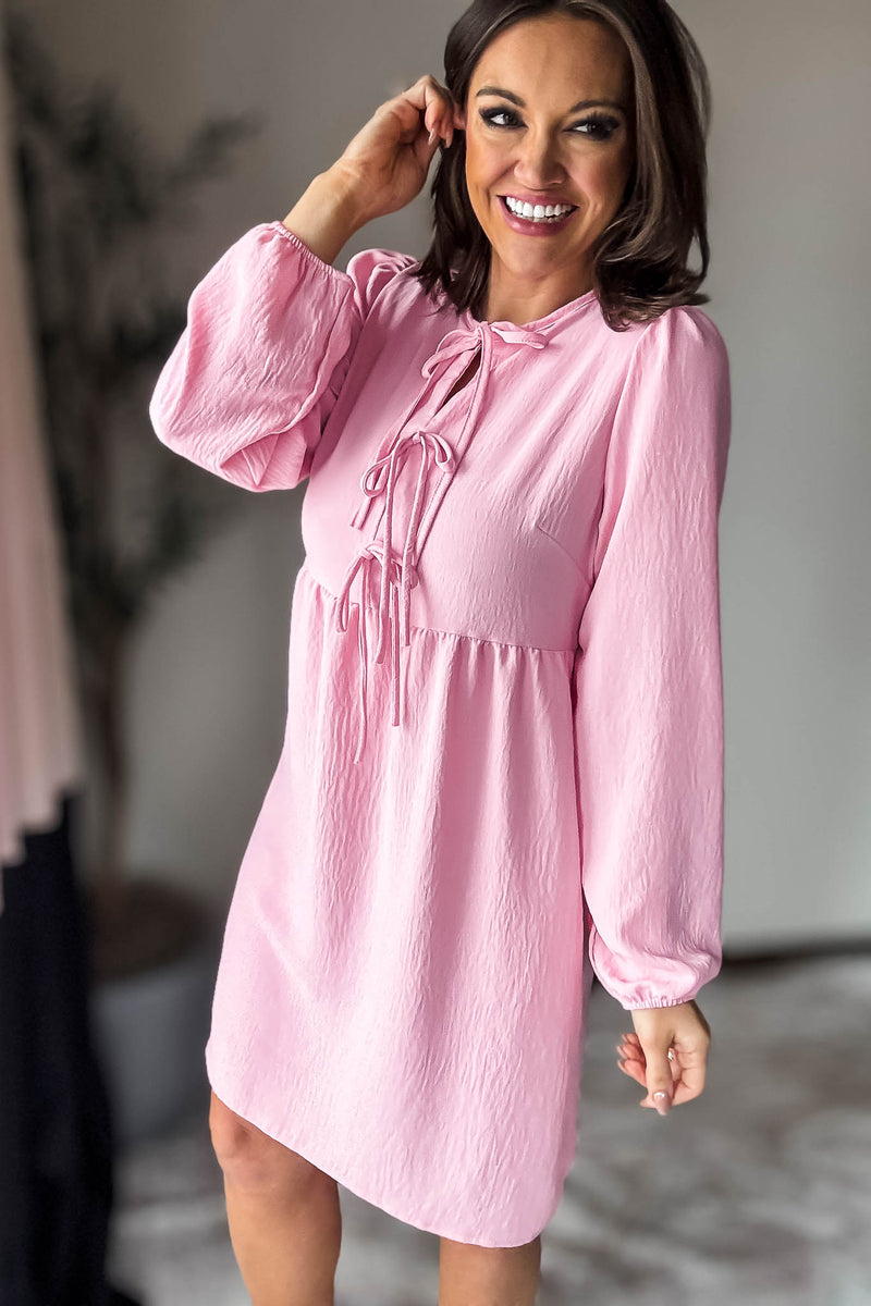 Pink Solid Front Tie Baby Doll Dress