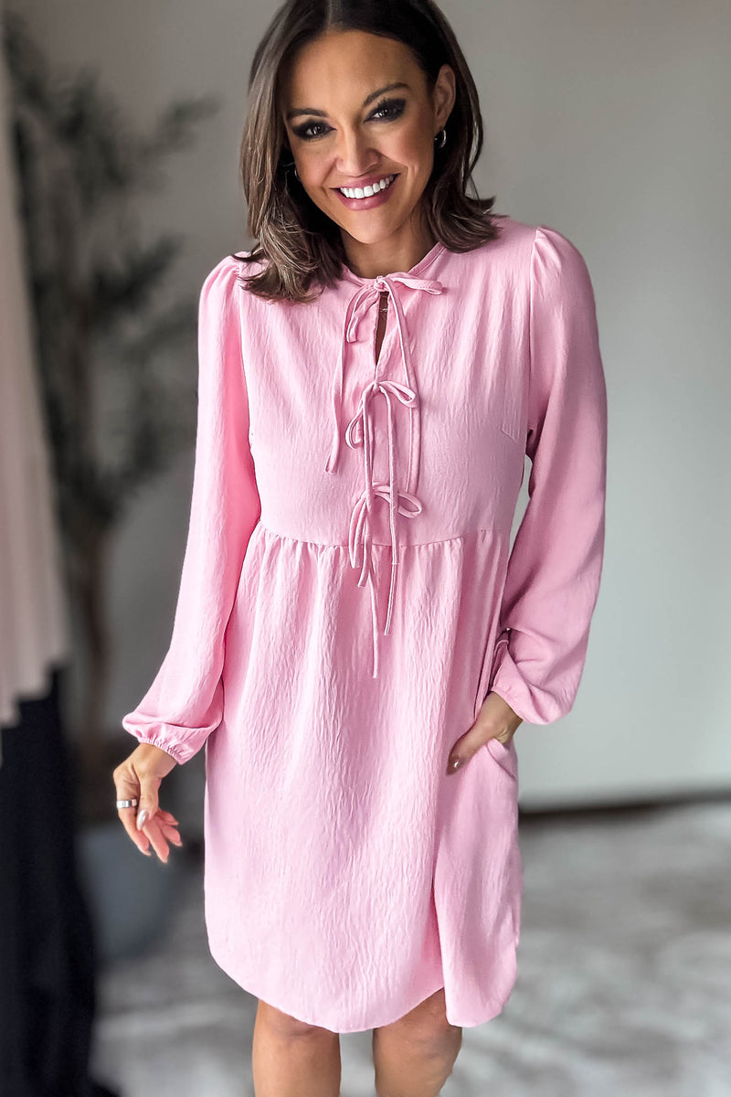Pink Solid Front Tie Baby Doll Dress