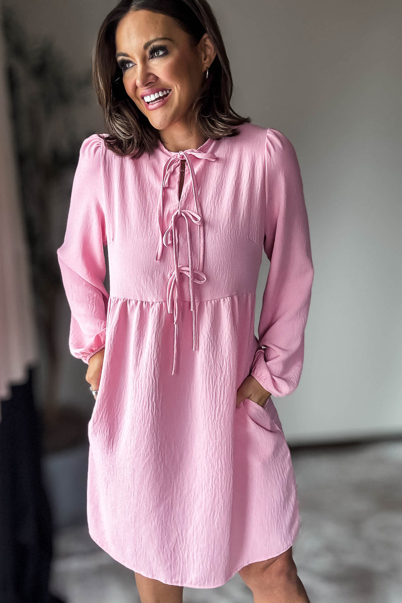 Pink Solid Front Tie Baby Doll Dress