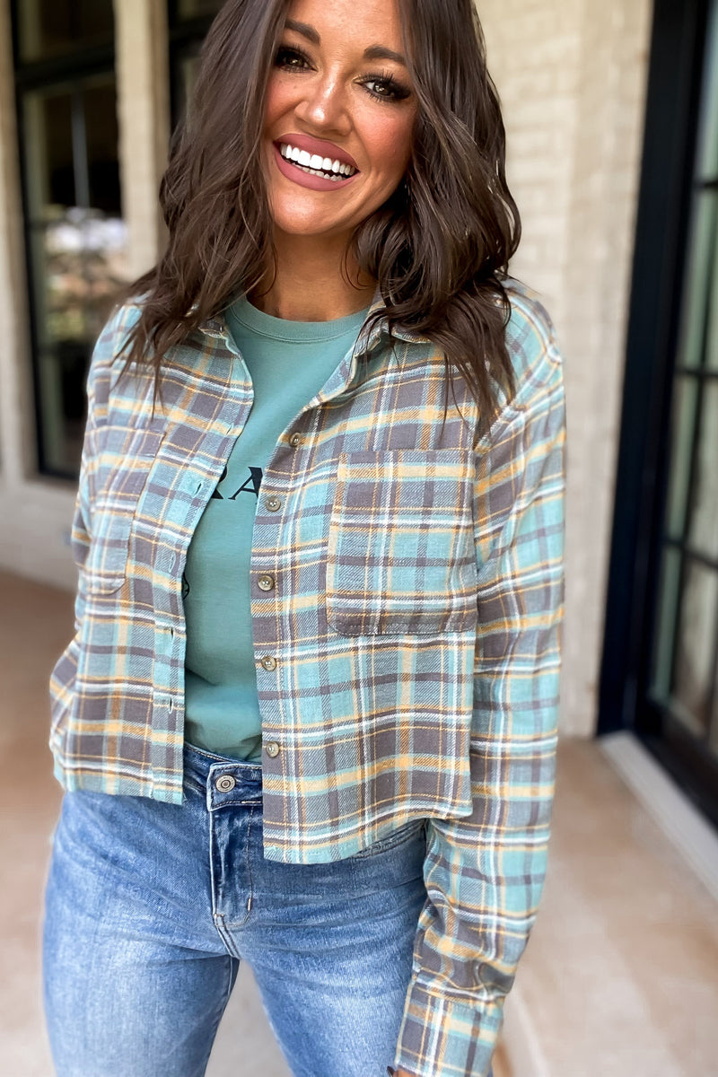 Letting You Go Mint Grey Crop Flannel Top