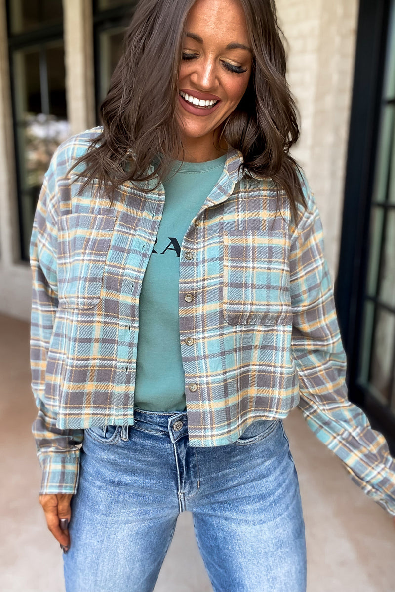 Letting You Go Mint Grey Crop Flannel Top