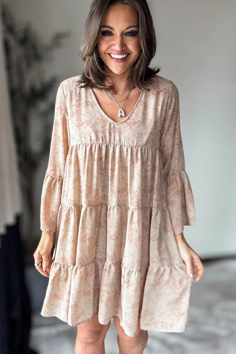 Latte Floral Print V-Neck Tiered Mini Dress