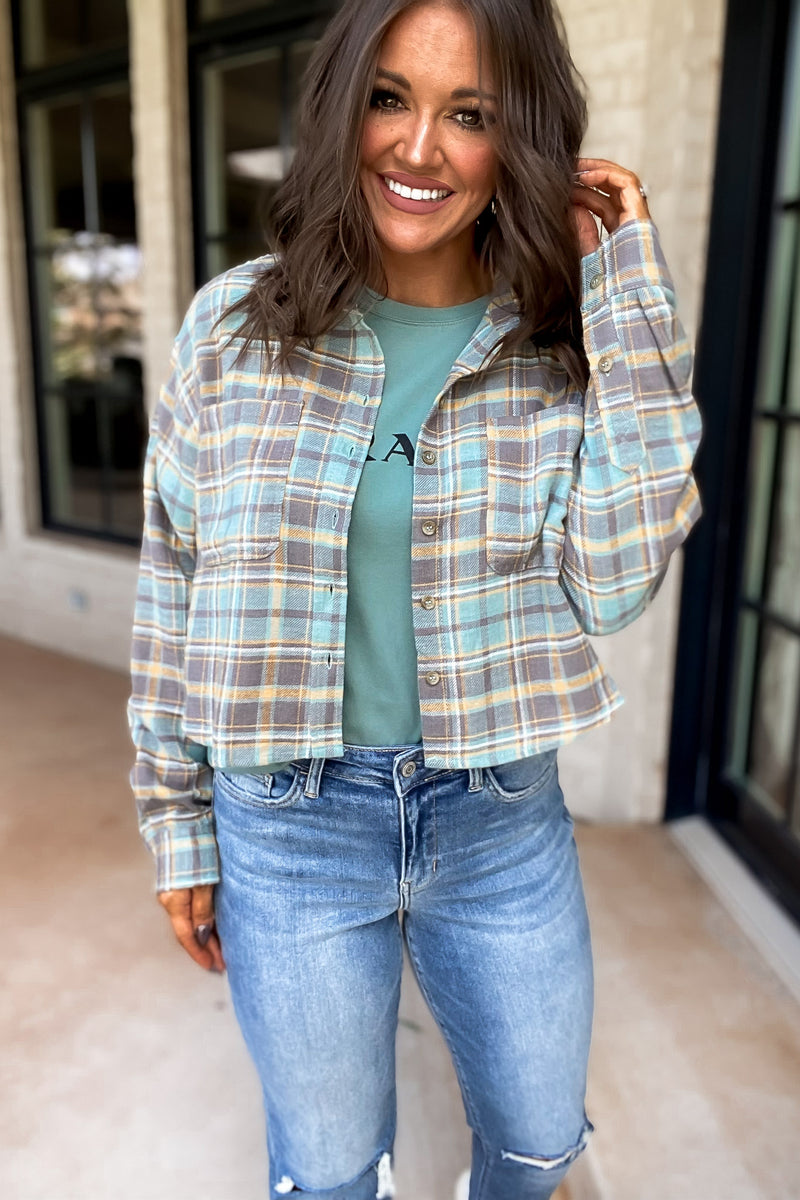 Letting You Go Mint Grey Crop Flannel Top