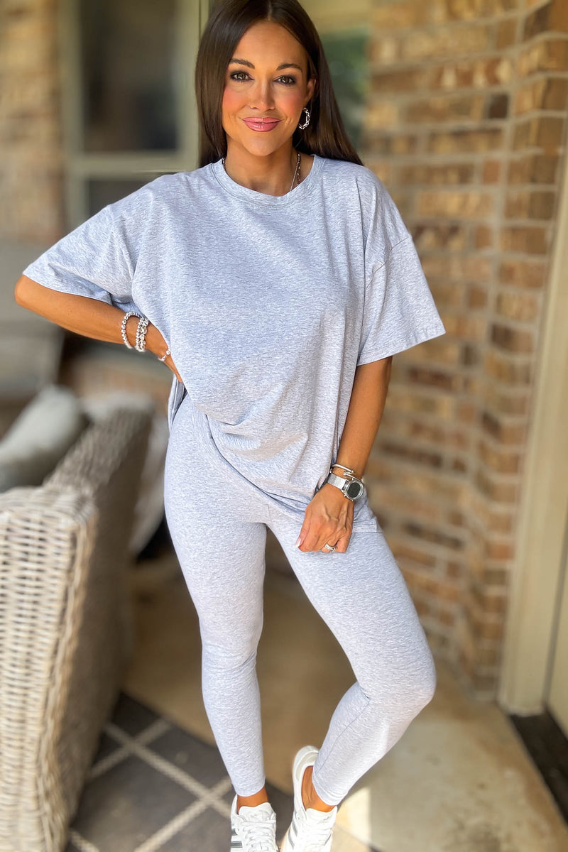 Heather Grey Cotton Round Neck Top & Legging Set