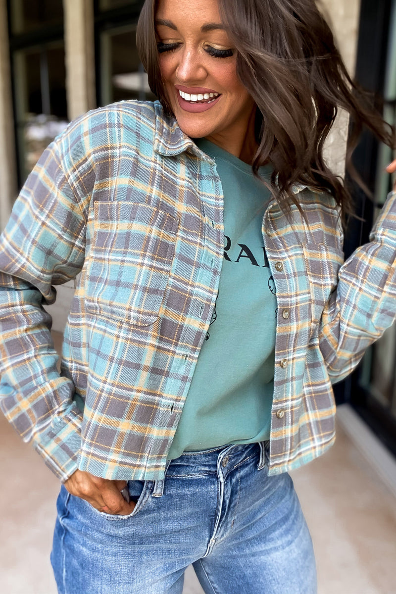 Letting You Go Mint Grey Crop Flannel Top