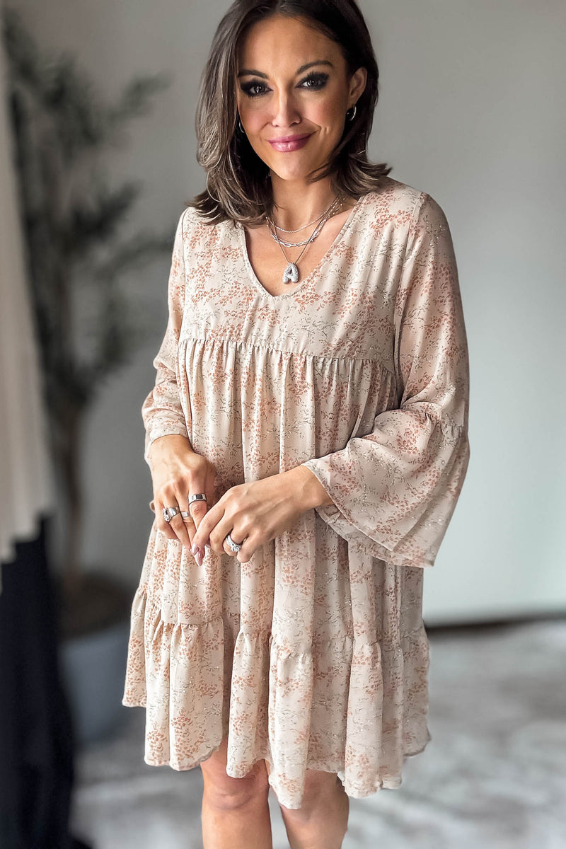 Latte Floral Print V-Neck Tiered Mini Dress