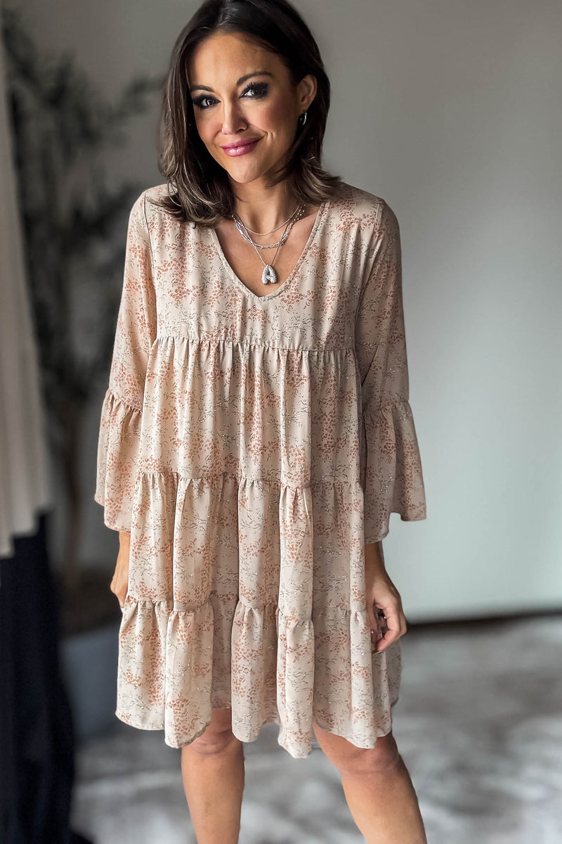 Latte Floral Print V-Neck Tiered Mini Dress