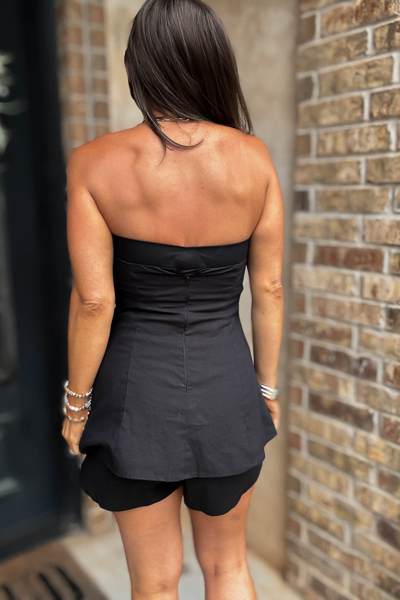Black Sassy Linen Mix Strapless Button Down Top