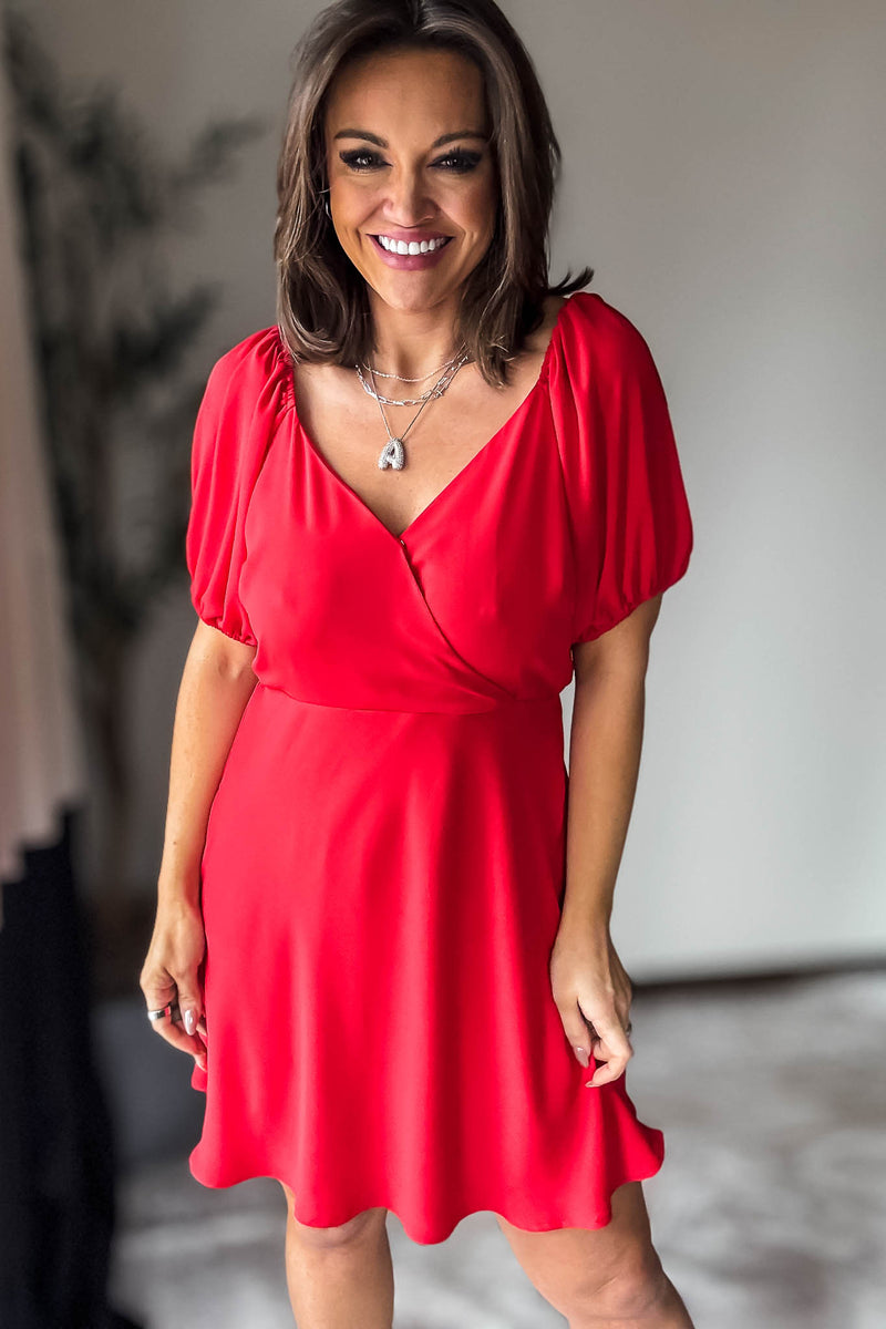 Red Puff Sleeve Wrap Mini Dress