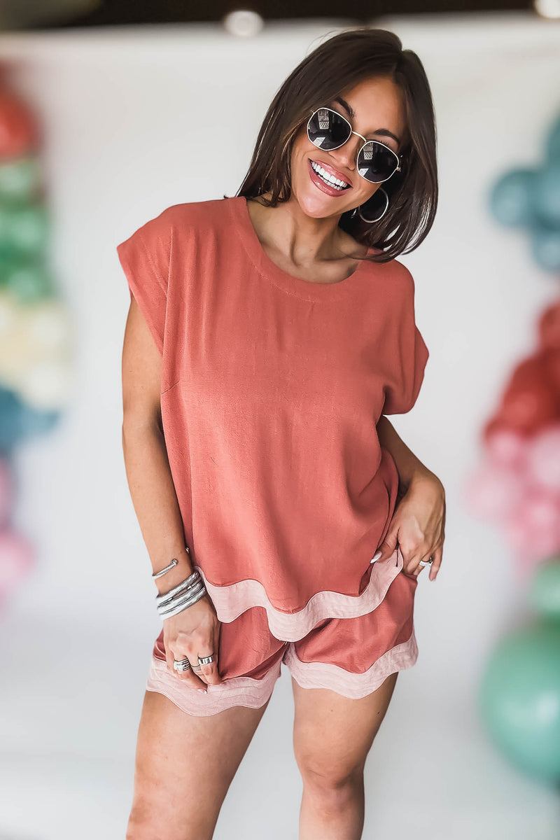 Colorblocked Top with Scalloped Hemline Top