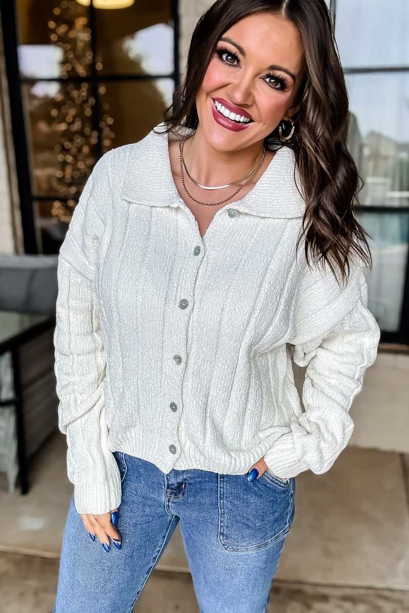 Dreams And Aspirations Cream Chenille Button Up Sweater
