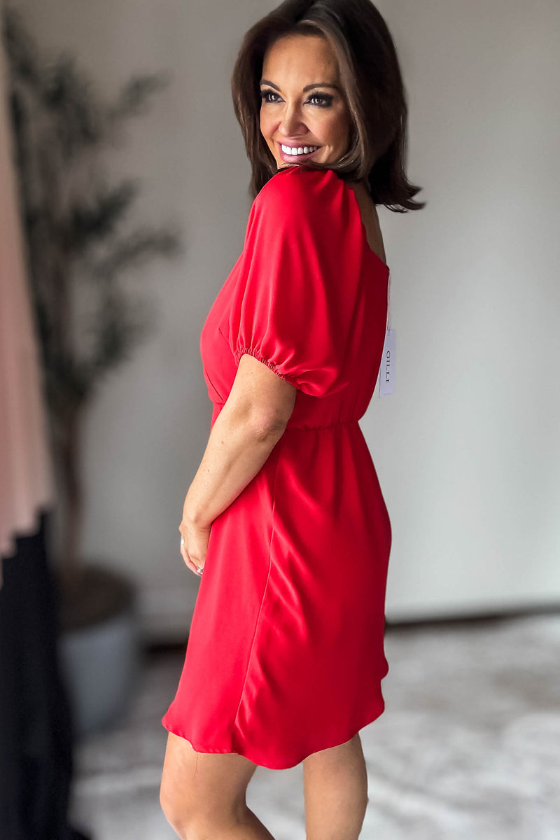 Red Puff Sleeve Wrap Mini Dress