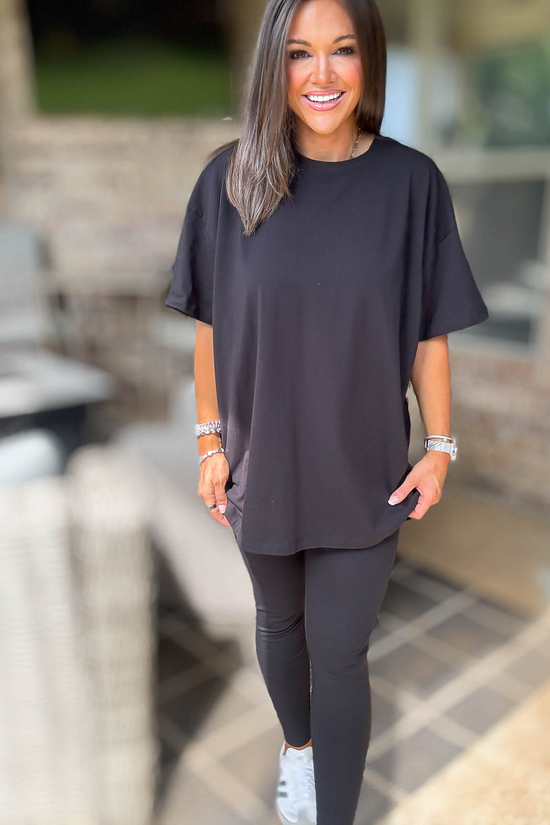 Black Cotton Round Neck Top & Legging Set