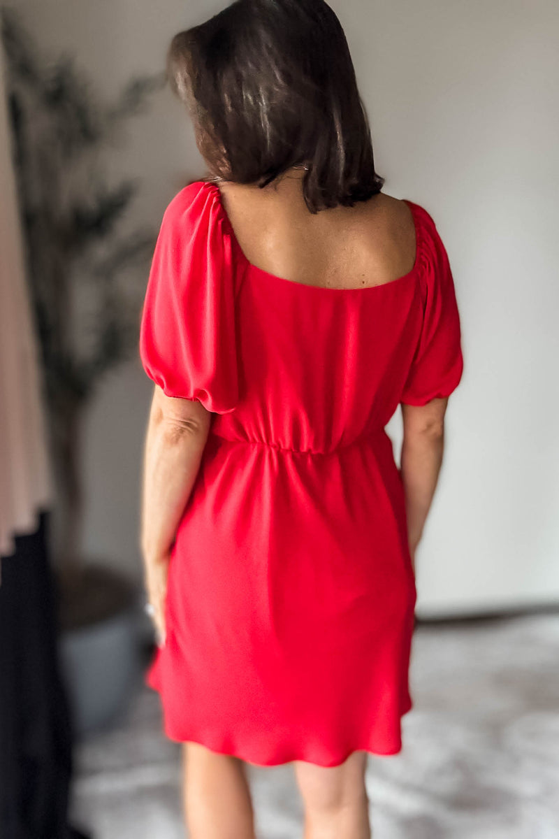 Red Puff Sleeve Wrap Mini Dress