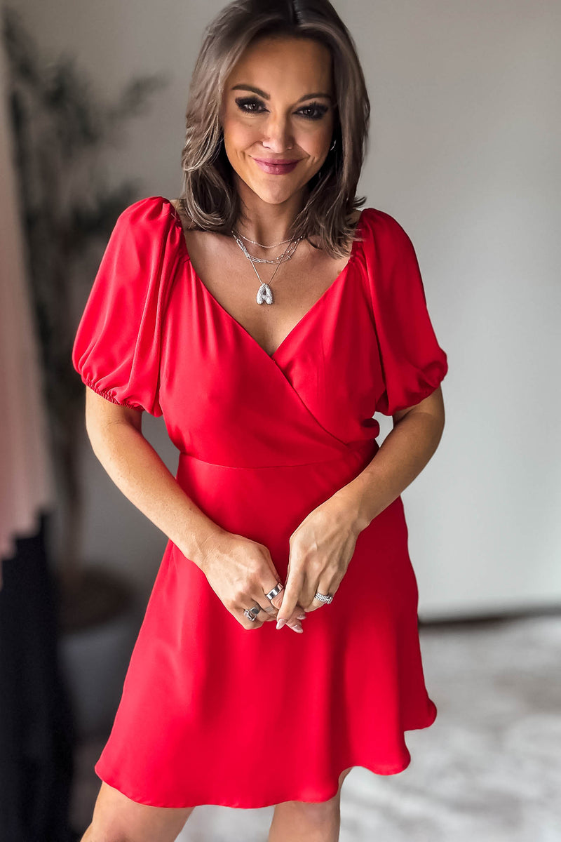 Red Puff Sleeve Wrap Mini Dress