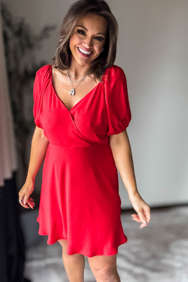 Red Puff Sleeve Wrap Mini Dress