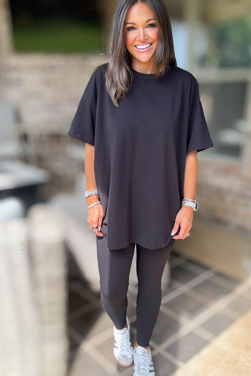 Black Cotton Round Neck Top & Legging Set