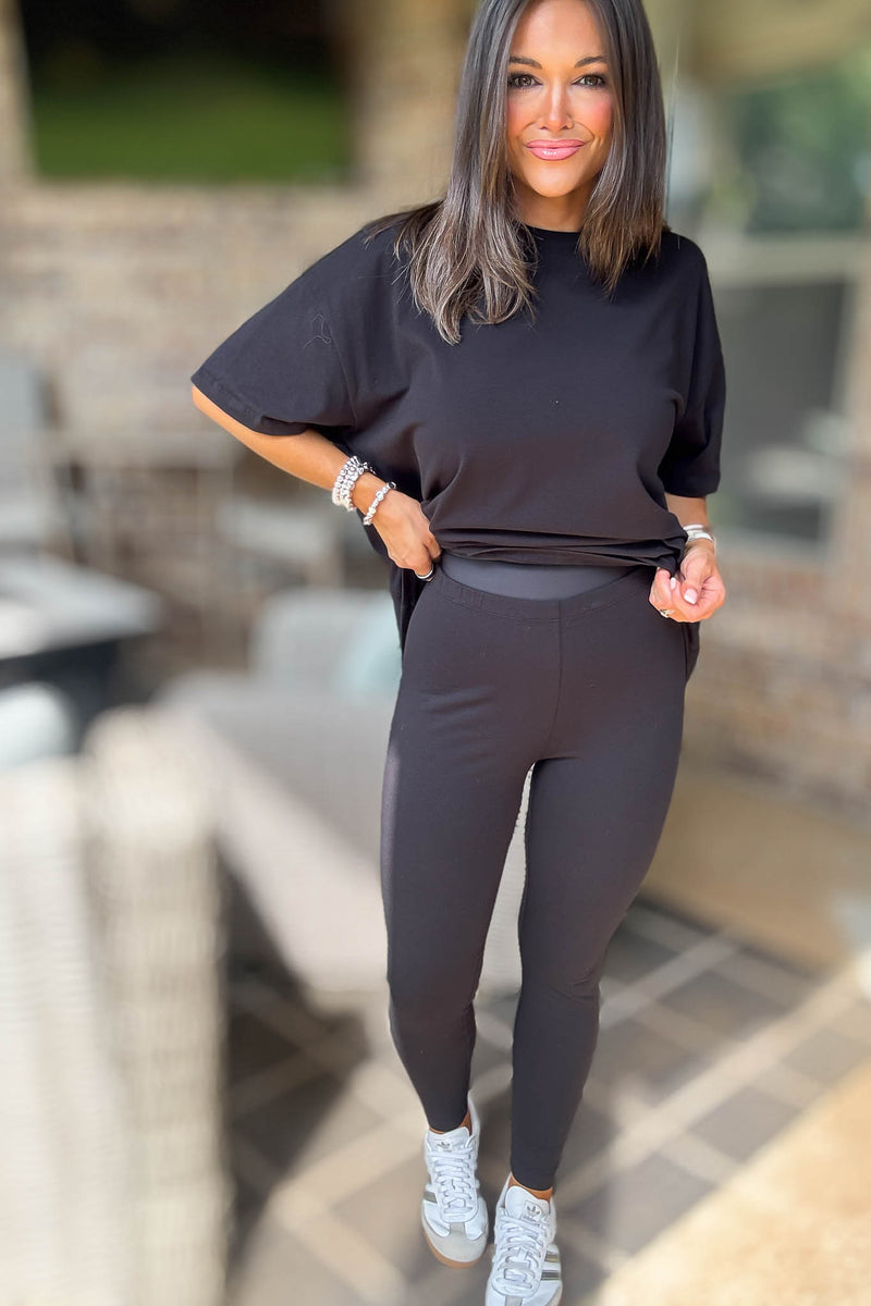Black Cotton Round Neck Top & Legging Set
