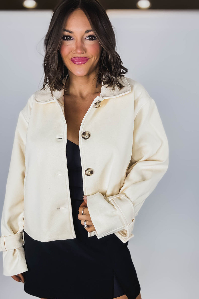 Cream Brush Double Buttoned Belted Cuff Shacket