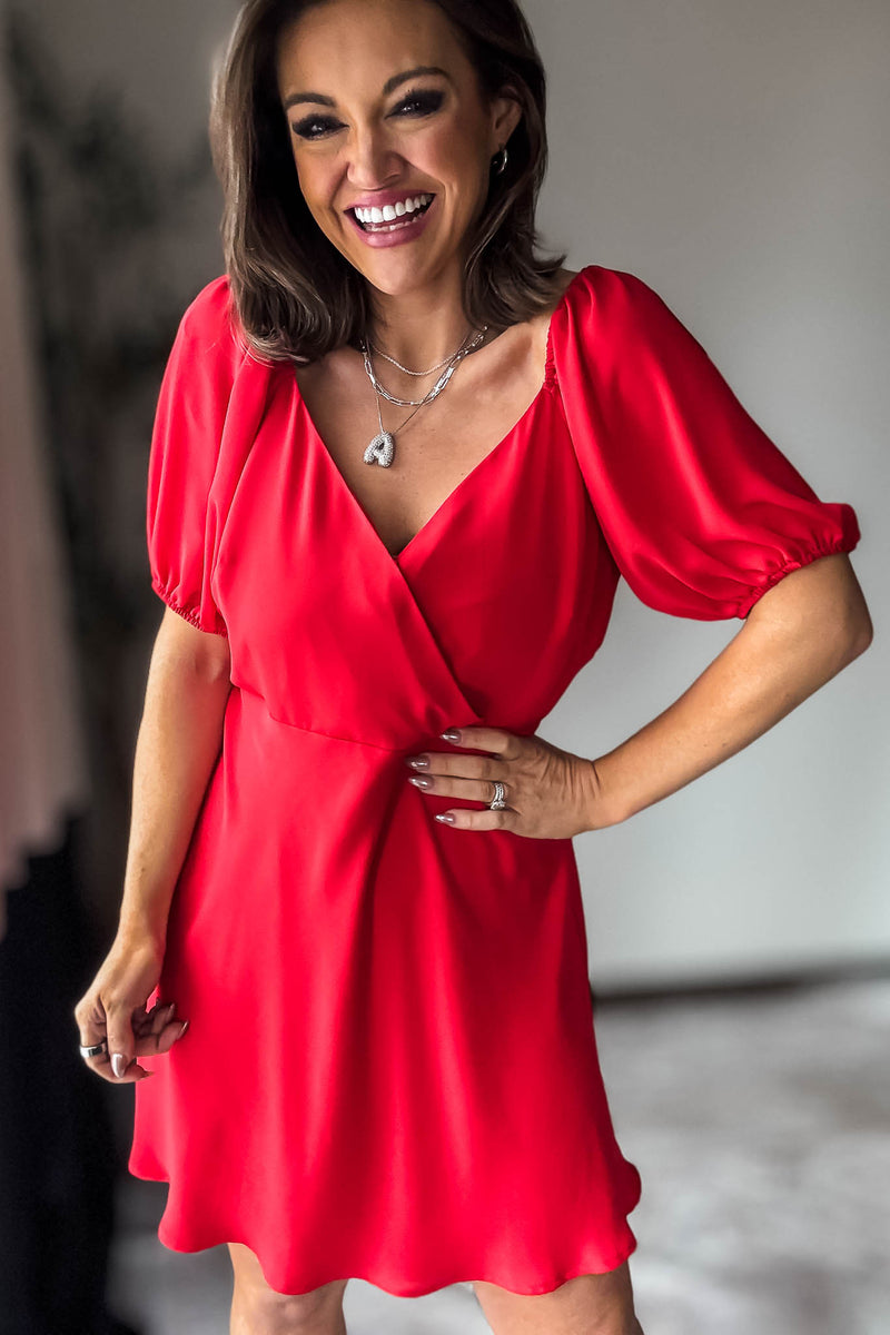 Red Puff Sleeve Wrap Mini Dress