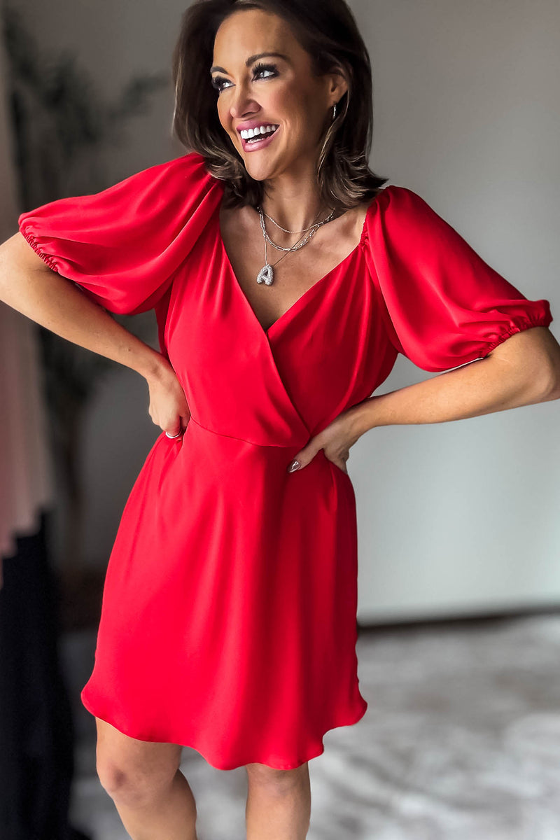 Red Puff Sleeve Wrap Mini Dress