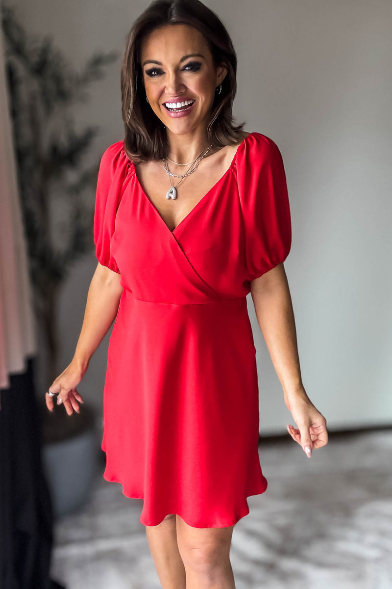 Red Puff Sleeve Wrap Mini Dress
