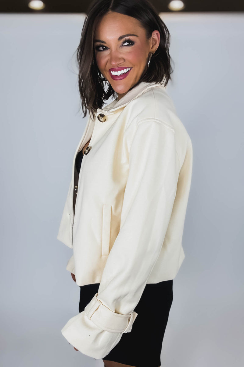 Cream Brush Double Buttoned Belted Cuff Shacket