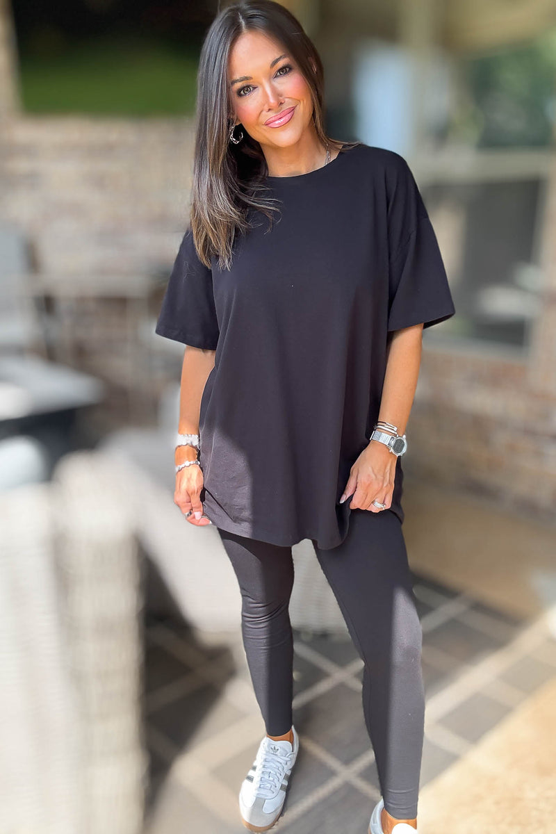 Black Cotton Round Neck Top & Legging Set