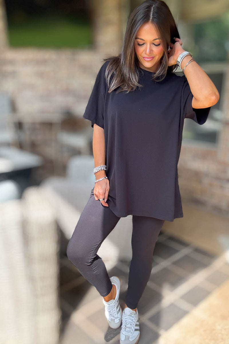 Black Cotton Round Neck Top & Legging Set