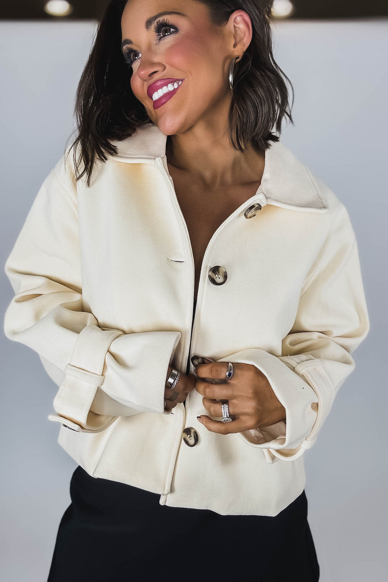 Cream Brush Double Buttoned Belted Cuff Shacket