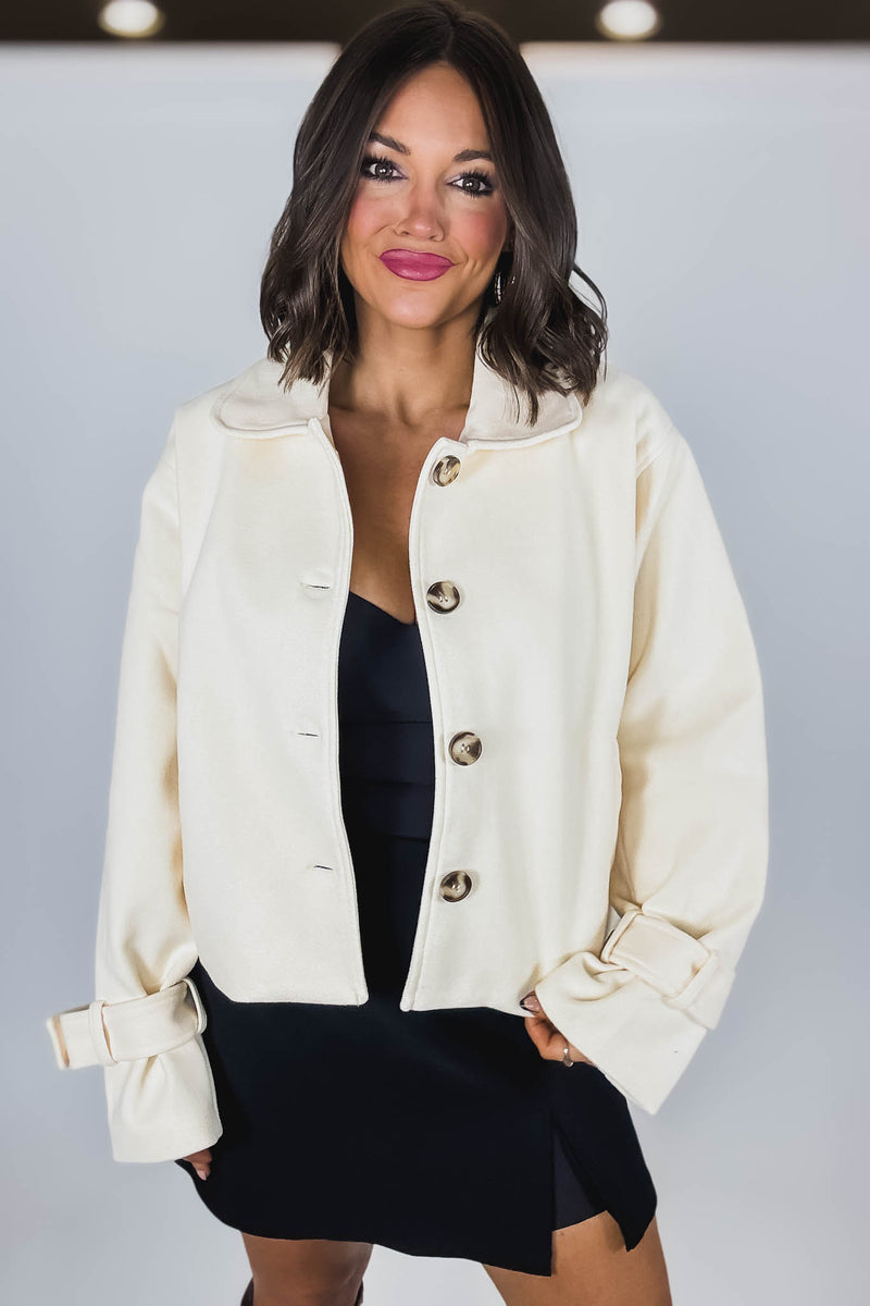 Cream Brush Double Buttoned Belted Cuff Shacket